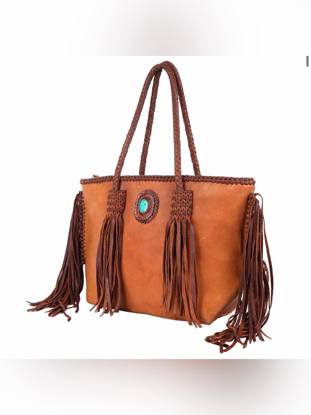 Western Tan Fringe Leather Tote Bag with Turquoise Accent